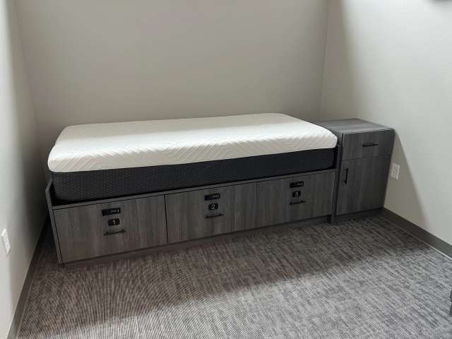 Laminate dorm beds in a fire station dormitory in Plains, Texas.