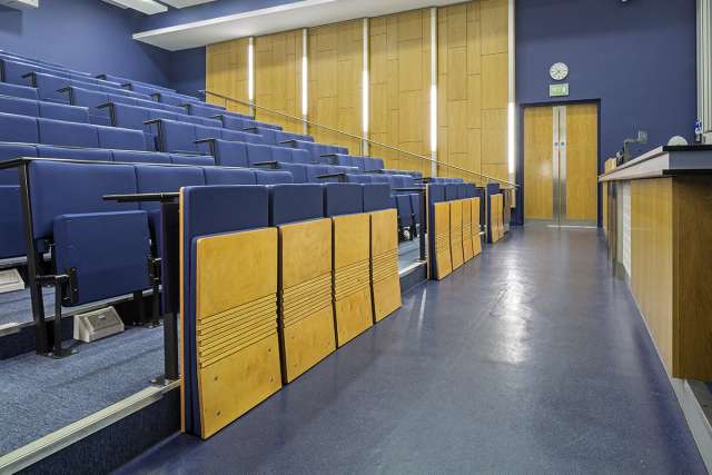 Floor-mounted folding cantilever chair with engineered wood seat and back.