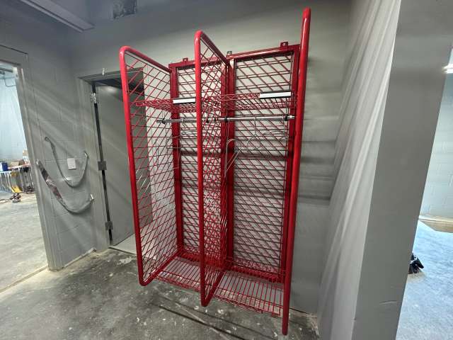 Wall-mounted firefighter lockers for bunker gear at the Aubrey, Texas, Fire Department.