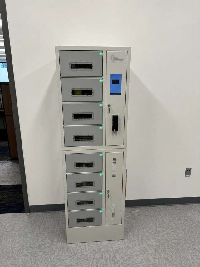 Metal electronics charging locker used for evidence storage in Puyallup, Washington.