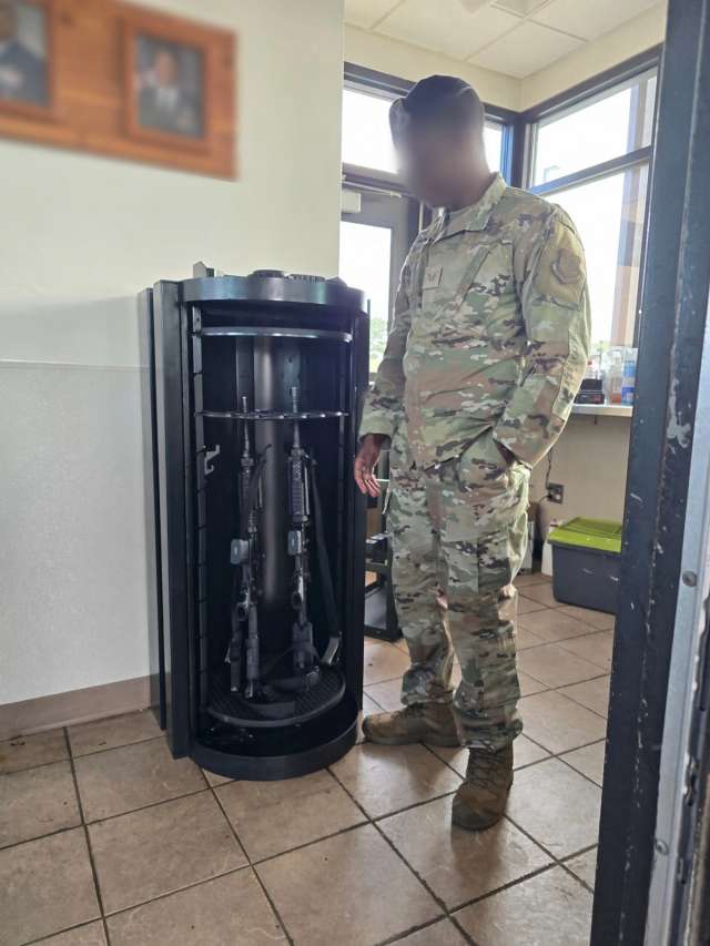 Small and large rapid-response weapons safes for military base or school resource officer use.