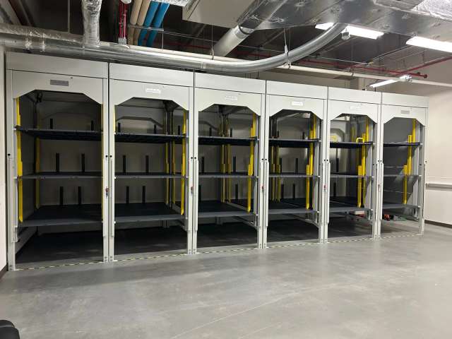 Side-load hospital bed stacker at a medical center in Plano, Texas.