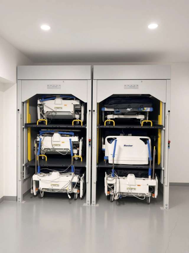 Side-loading hospital bed stacker at Legacy Children's Medical Center in Plano, Texas.