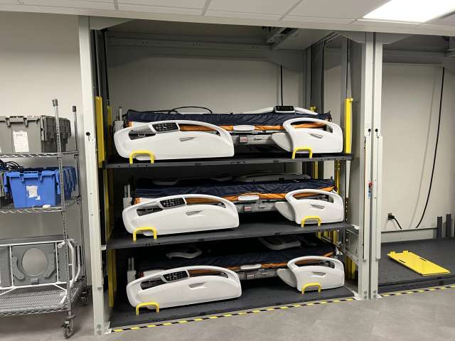 Front-loading hospital bed stacker at a hospital in Plano, Texas.