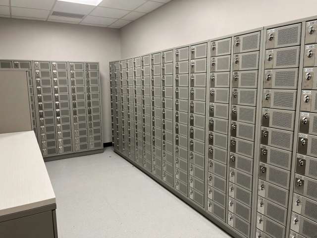 USB electronics metal lockers in a county cell phone laboratory.