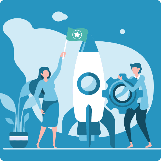 Illustration of two designers launching a rocket