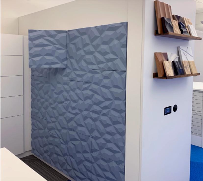 Intelligent lockers with sculpted blue doors and a touchscreen access panel