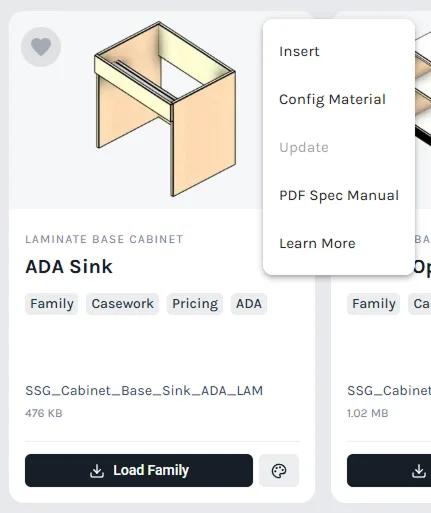 A card's ⋮ menu with Insert, Config Material, Update, PDF Spec Manual and Learn More