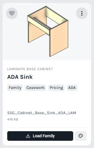 A Fetch card for an ADA sink base cabinet with tags, file name, Load Family and the palette button