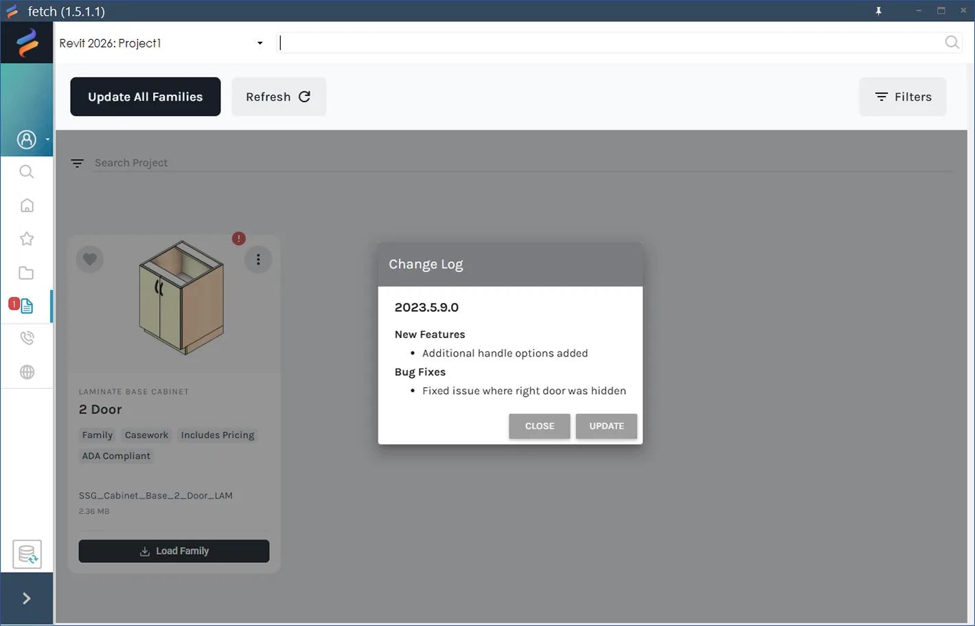 The Change Log window for a family, listing new features and bug fixes, with Close and Update buttons