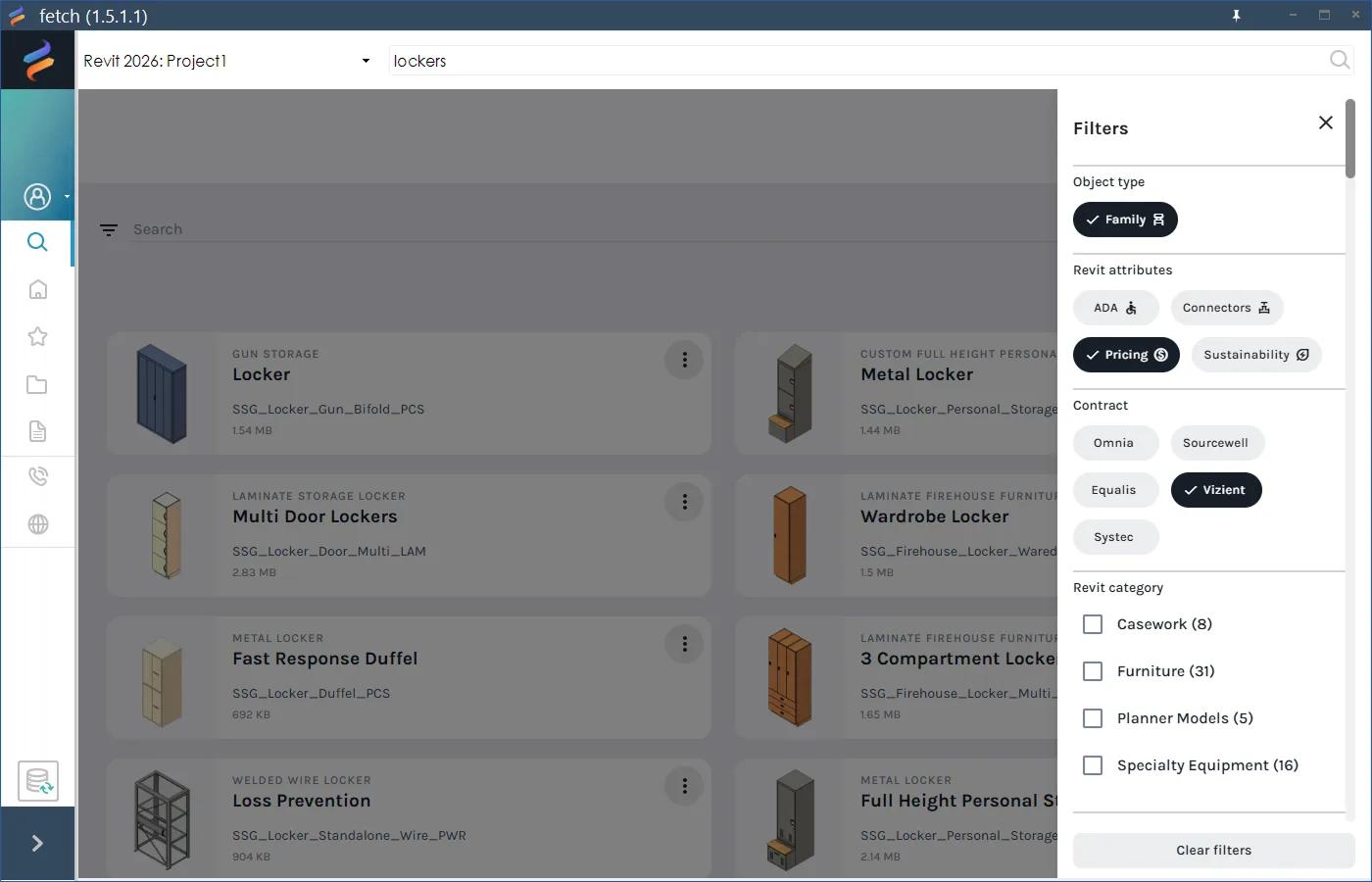 The Filters panel with Family, Pricing and Vizient selected, and Revit category counts
