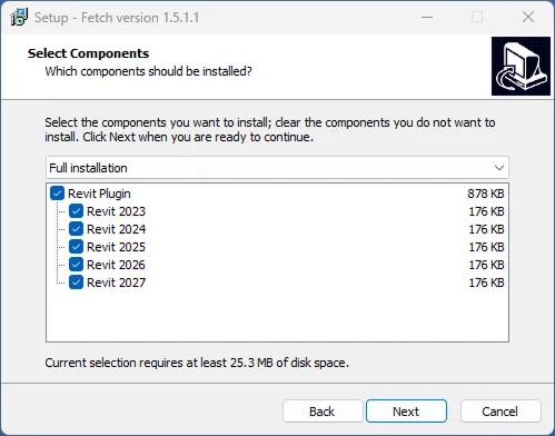 The Fetch installer's Select Components page with Full installation and Revit 2023 to 2027 ticked