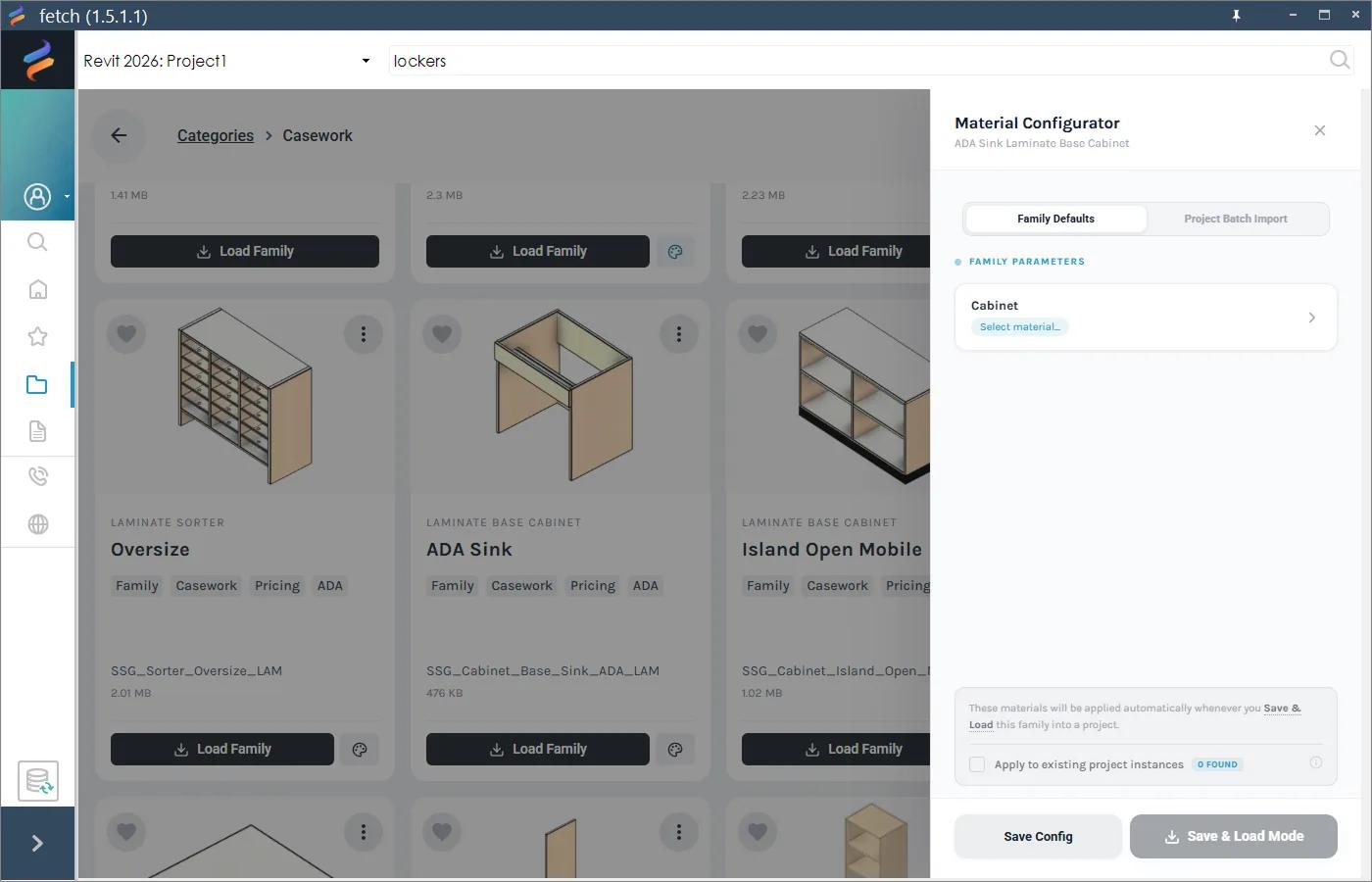 The Material Configurator for an ADA sink cabinet, listing its Cabinet material parameter
