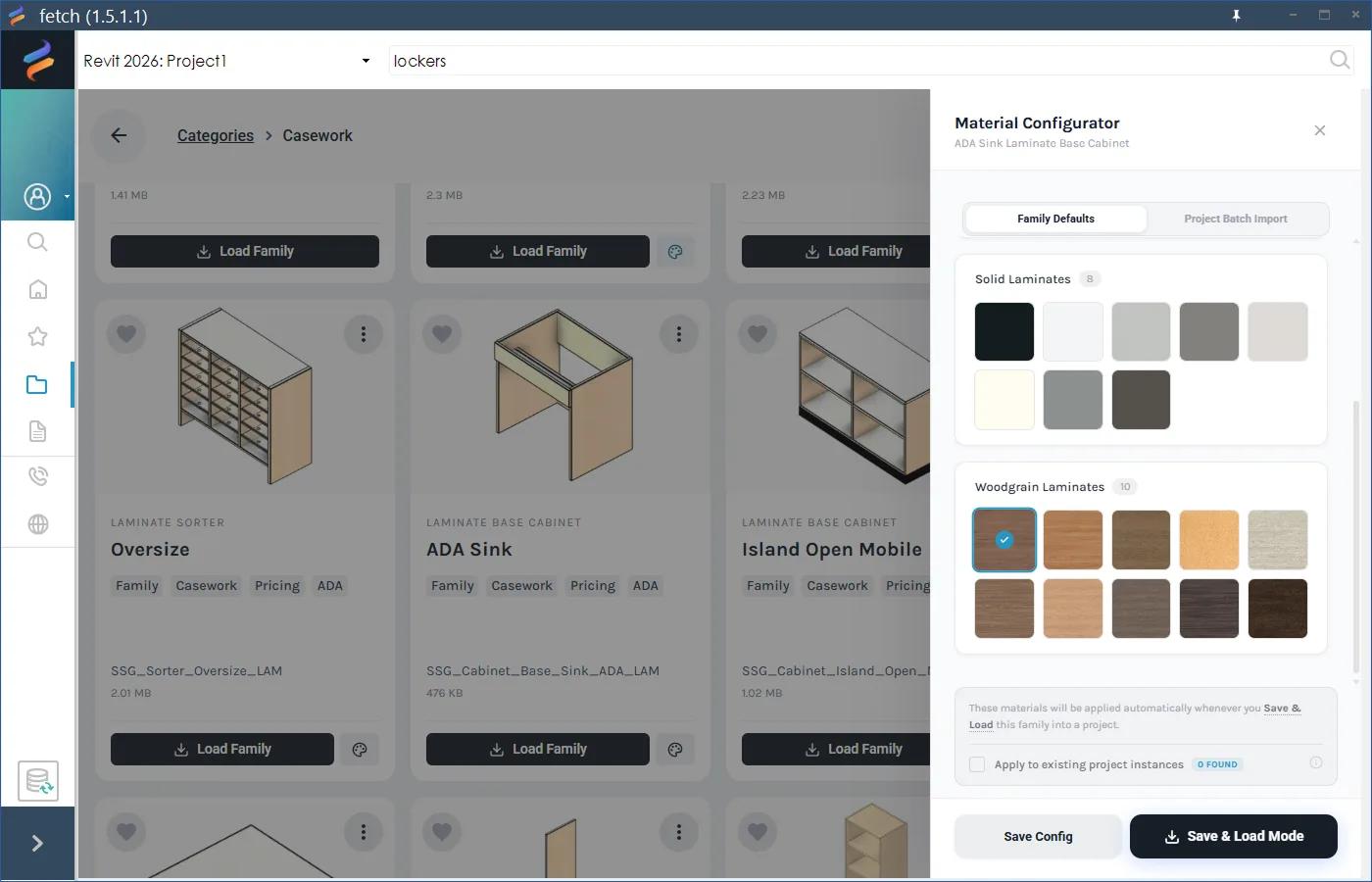 Laminate swatches in the Material Configurator, with one woodgrain laminate selected
