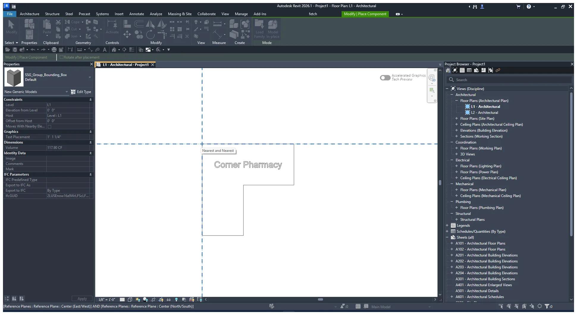 Placing a model group in Revit: a box labeled Corner Pharmacy shows the size of the group