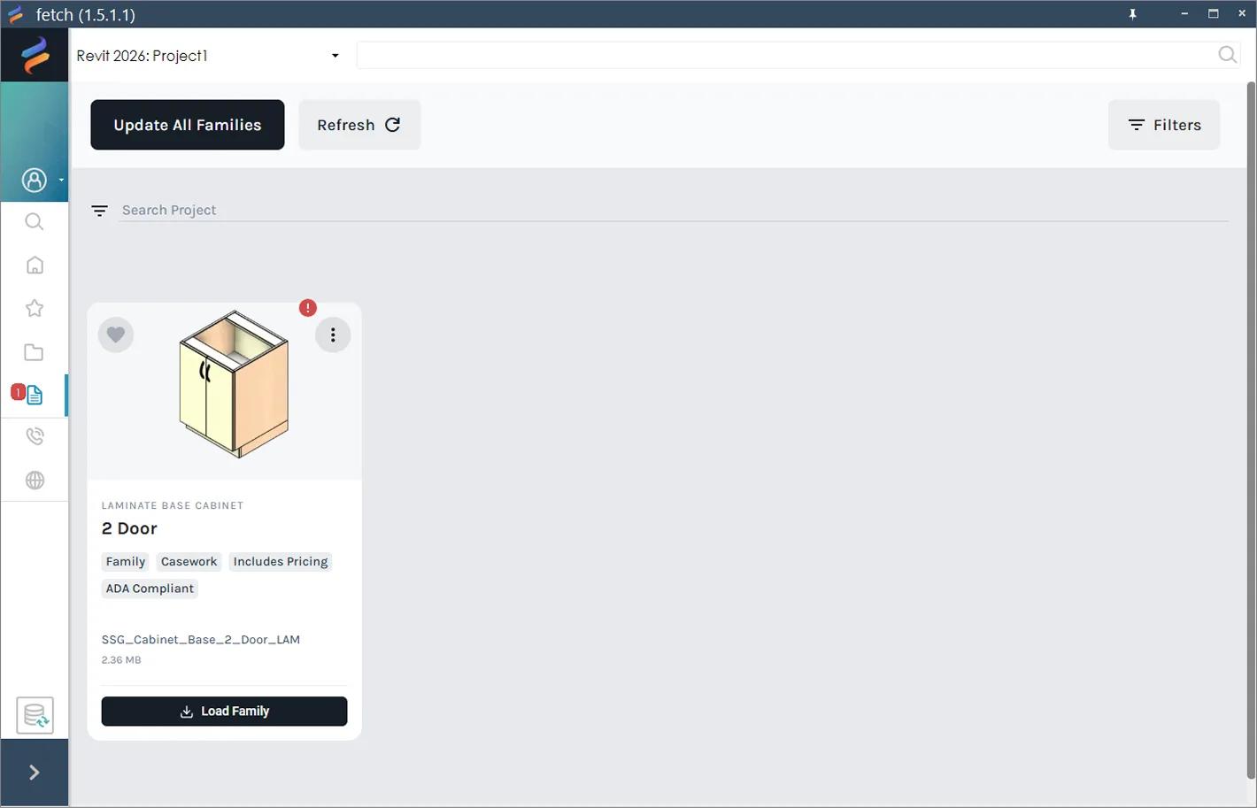 The Project tab with an update badge on its icon and a red exclamation mark on a family card