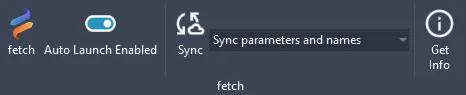 The Fetch tab on the Revit ribbon: fetch, Auto Launch, Sync with the sync type, and Get Info
