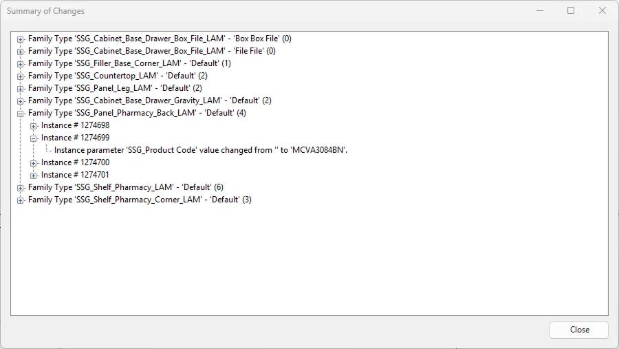 The Summary of Changes window, expanded to show a product code changed on one instance