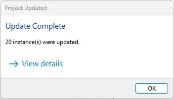 The Update Complete window: 20 instances were updated, with a View details link