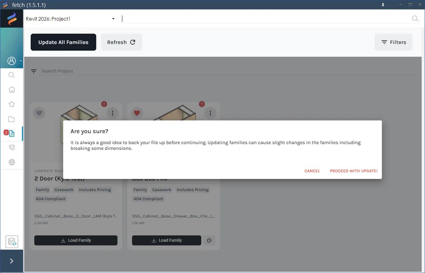 The confirmation before updating all families, recommending a backup first