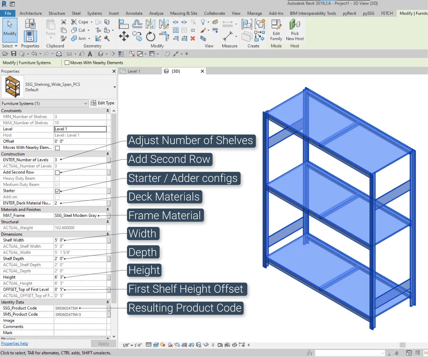 A Fetch family's instance parameters in the Revit Properties palette