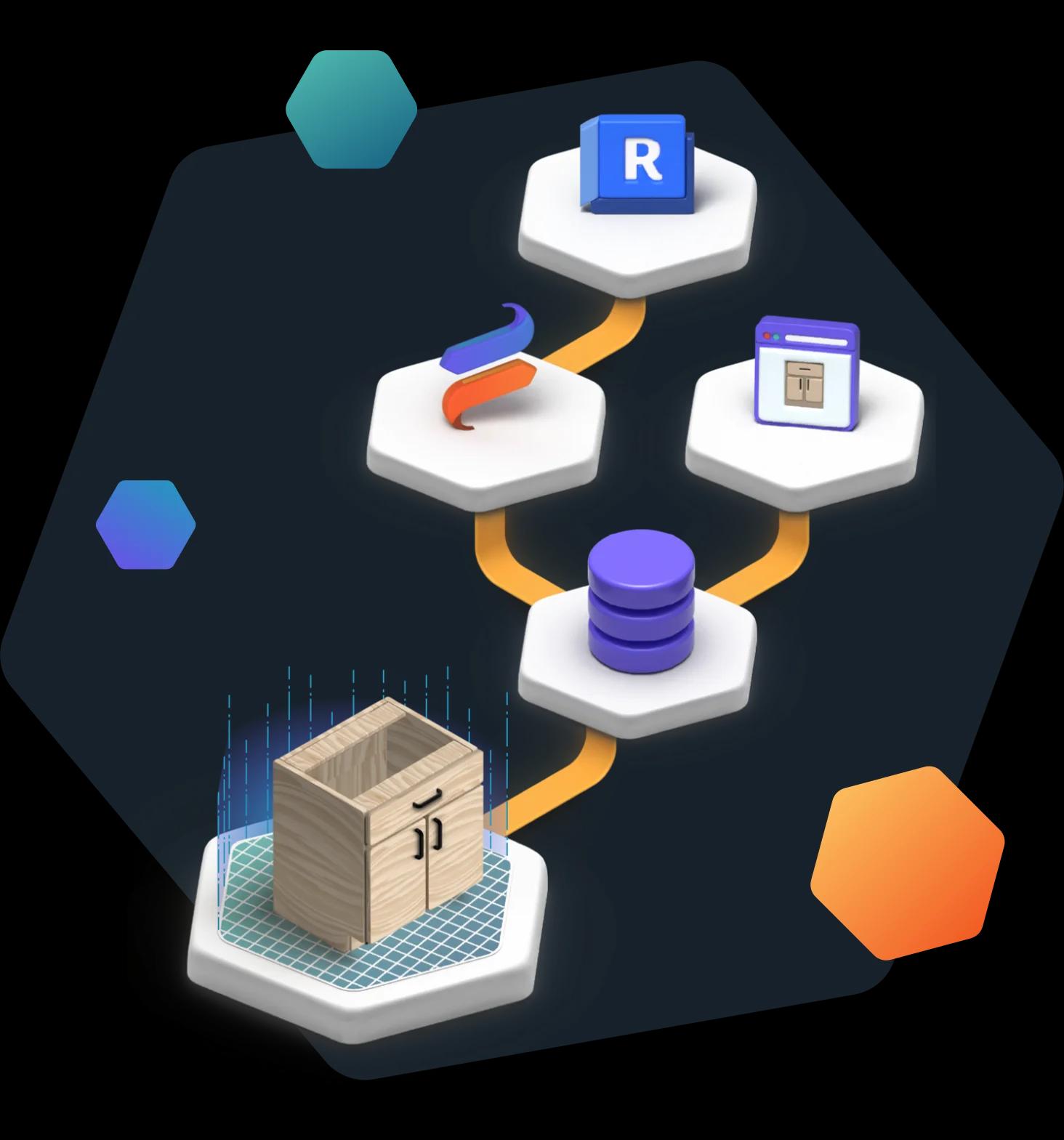 Illustration of a Revit family flowing from the product database through Fetch into Revit
