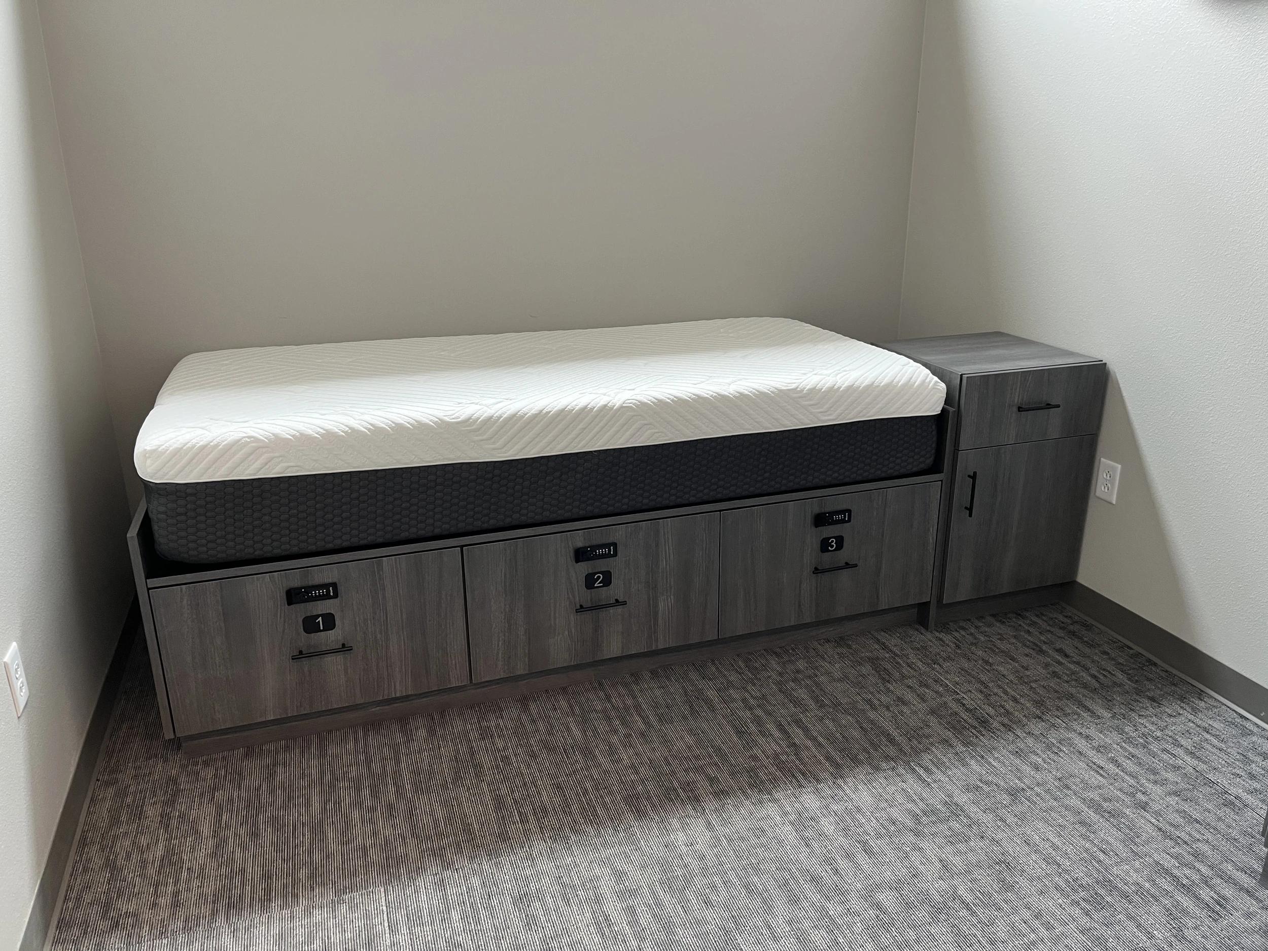 Laminate dorm beds in a fire station dormitory in Plains, Texas.