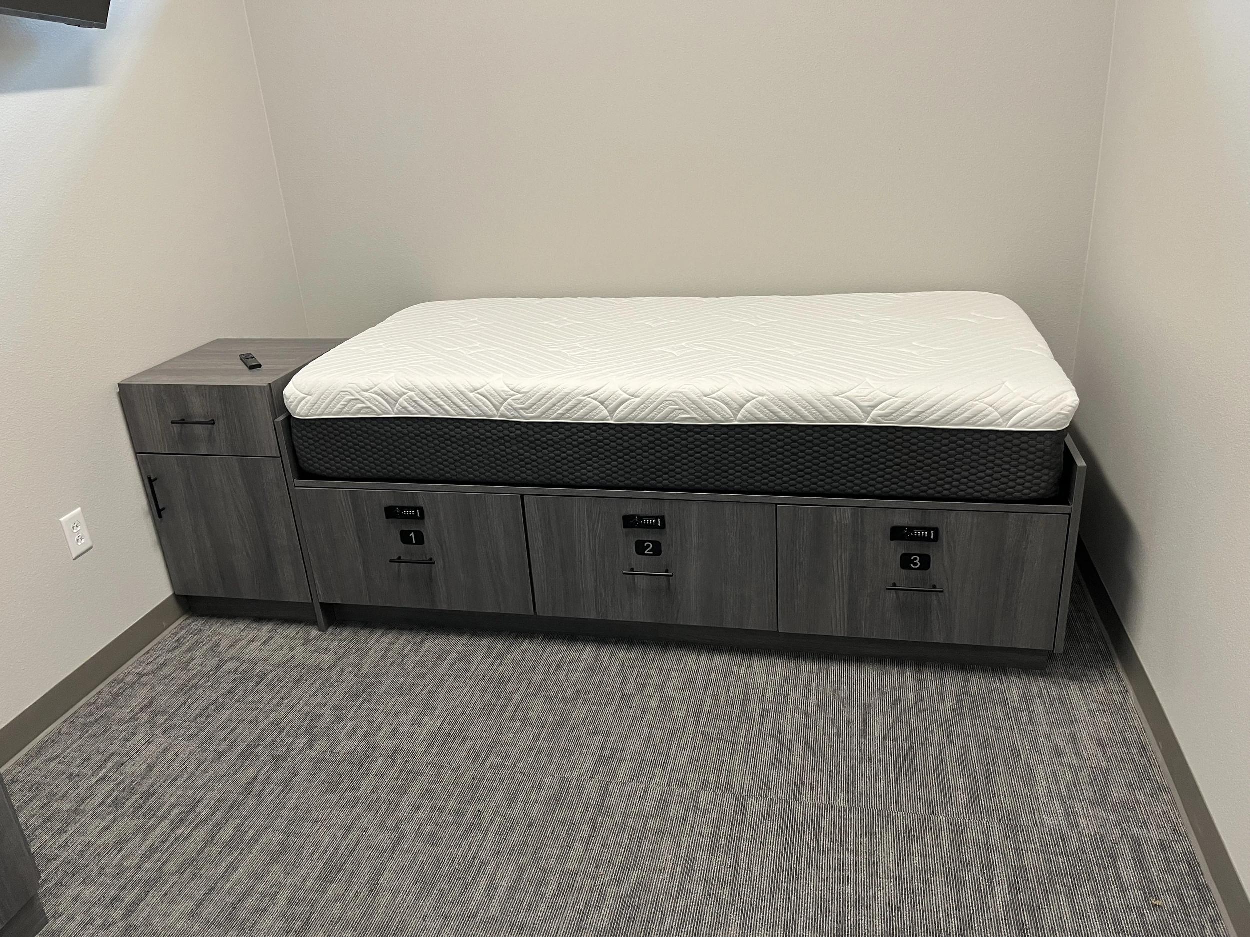 Laminate dorm beds in a Texas fire station.