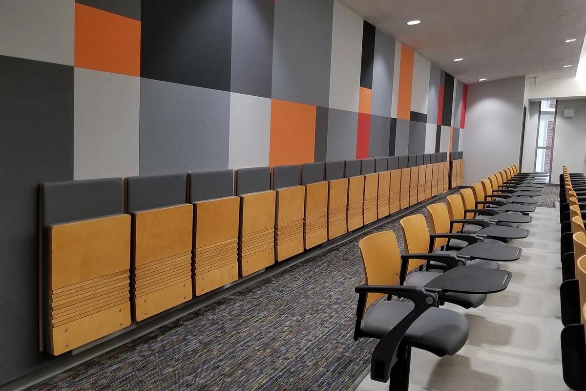 Wall-mounted folding cantilever chair with an engineered wood seat and back.