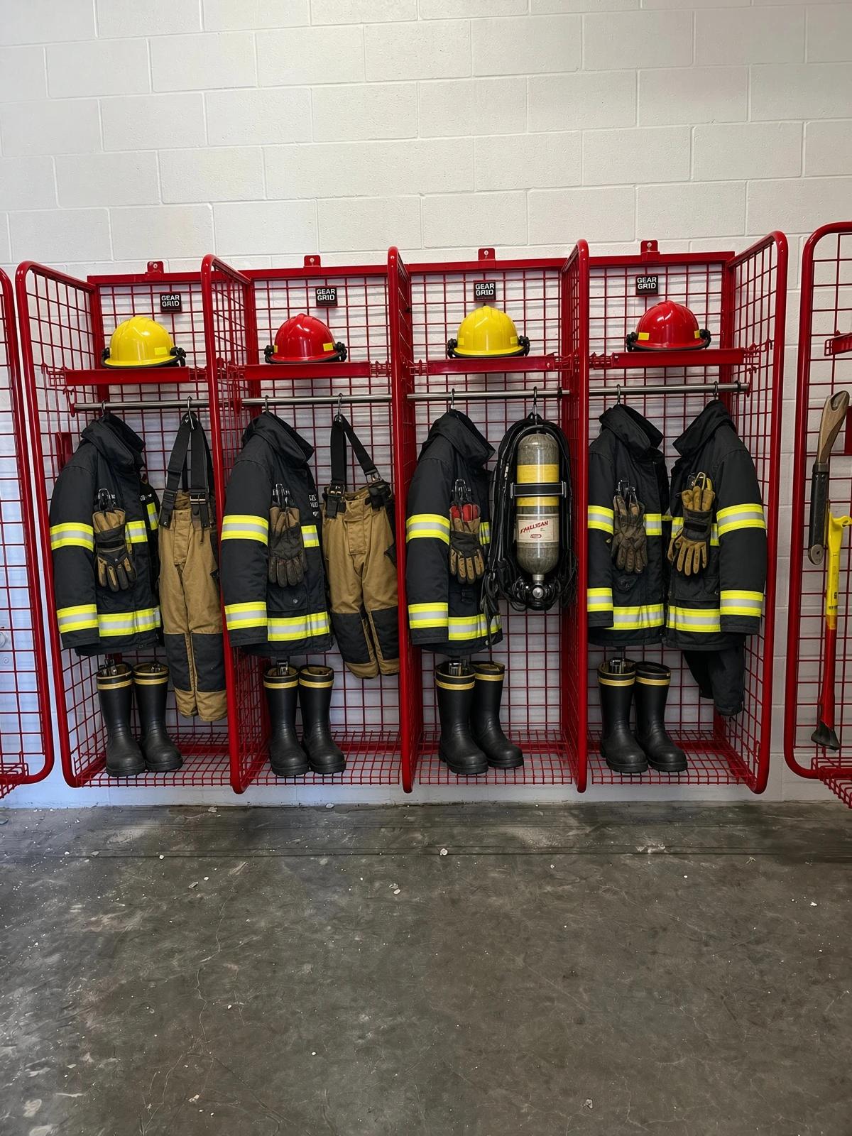 Wall-mounted firefighter turnout gear lockers at a fire department in Aubrey, Texas.