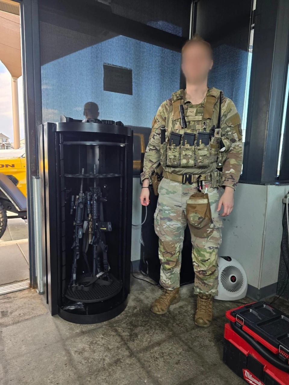Small and large rapid-response weapons safes in a military base or school resource officer setting.