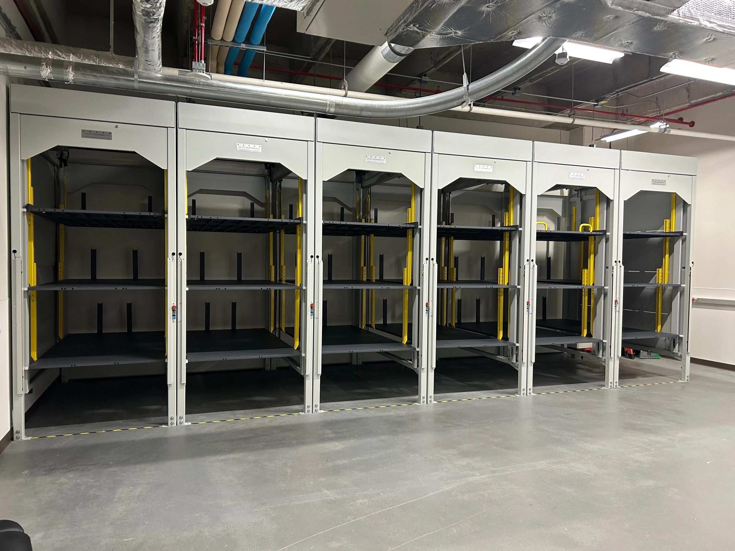 Side-load hospital bed stacker at a medical center in Plano, Texas.