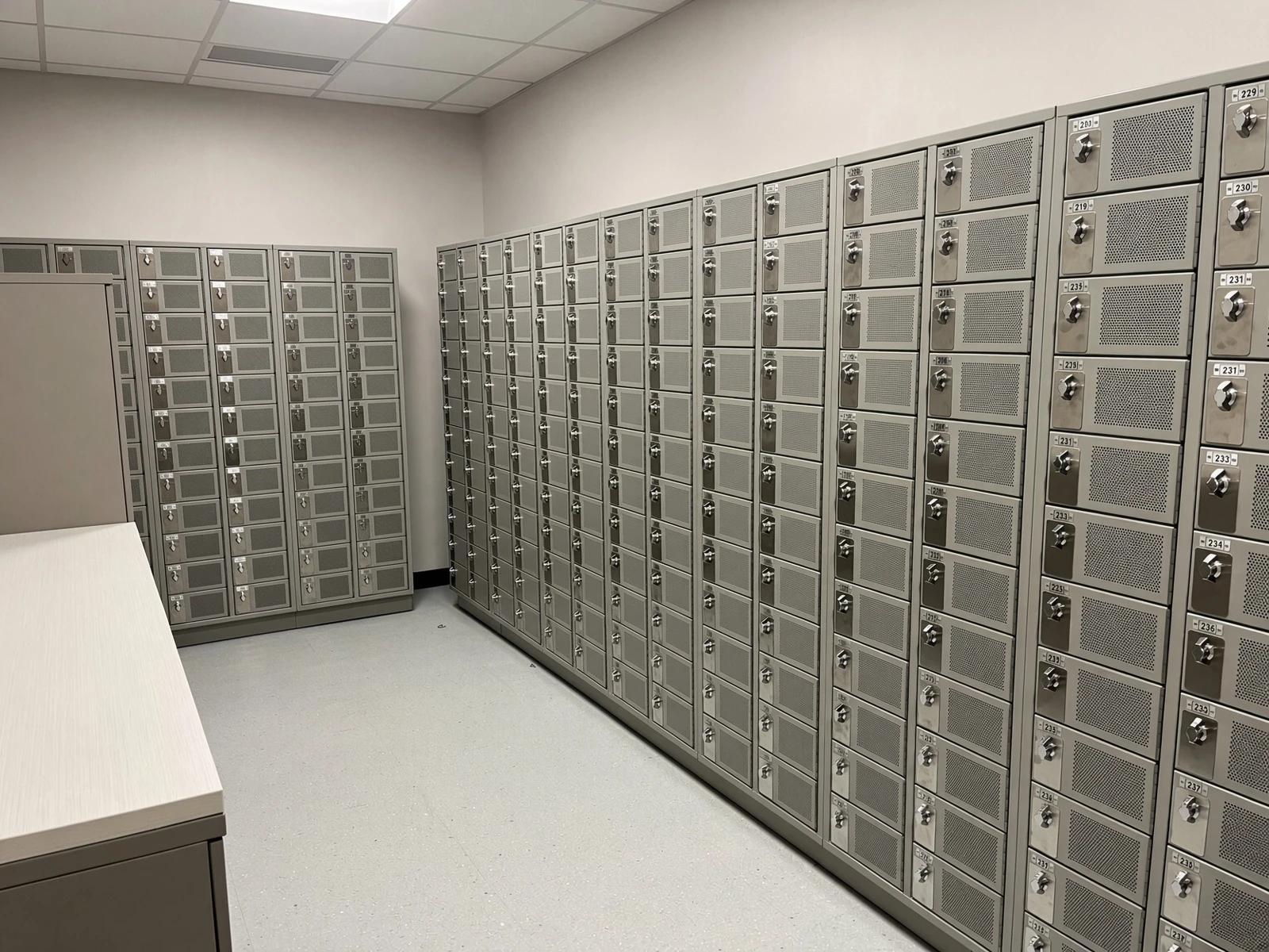 USB electronics metal lockers in a county cell phone laboratory.