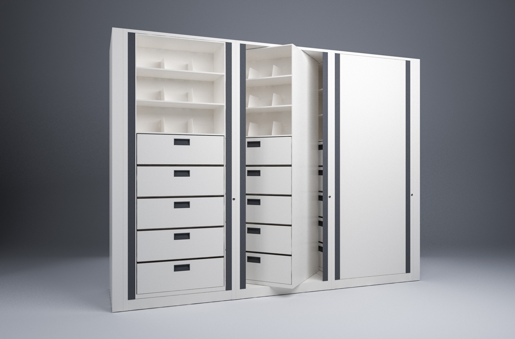 Legal-3 Cabinets-8 Tier-Drawers Steel Rotary File