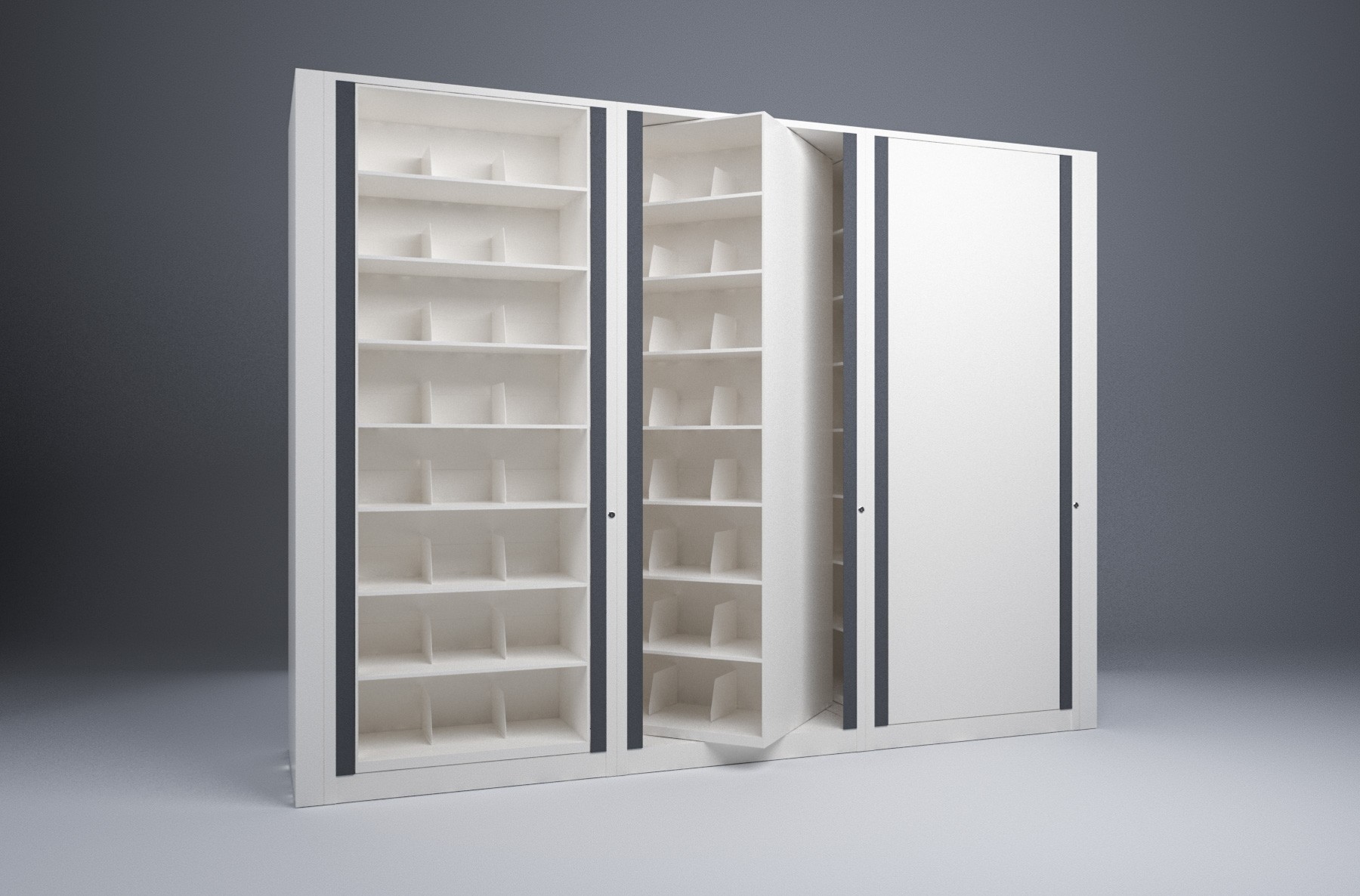 Legal-3 Cabinets-8 Tier-Shelves Steel Rotary File